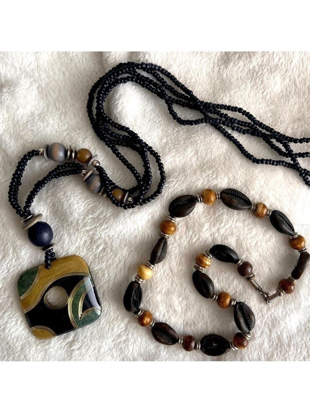 Pair of boho wood/shell/acrylic/bead necklaces